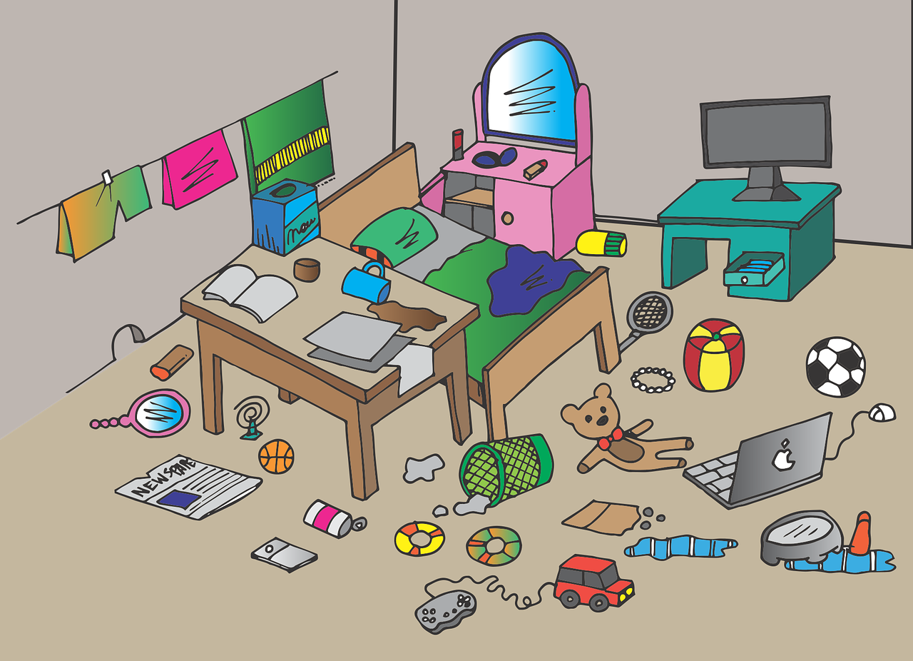 A comic illustration of a messy room with toys, books, and clothing scattered around the floor, on top of the desk, and hanging from the walls.