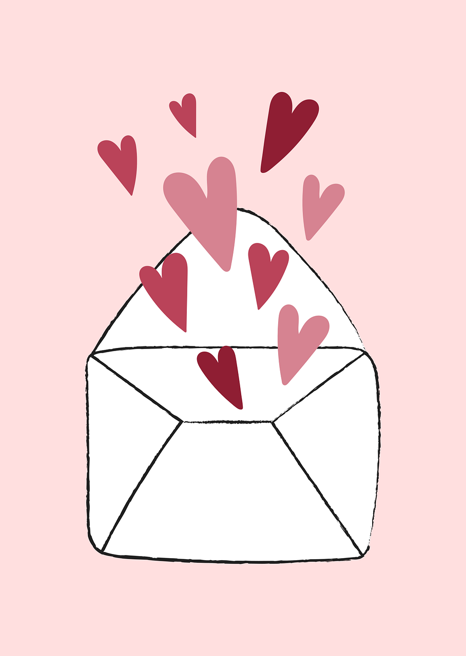 A cartoon envelope with hearts coming out of the open flap.