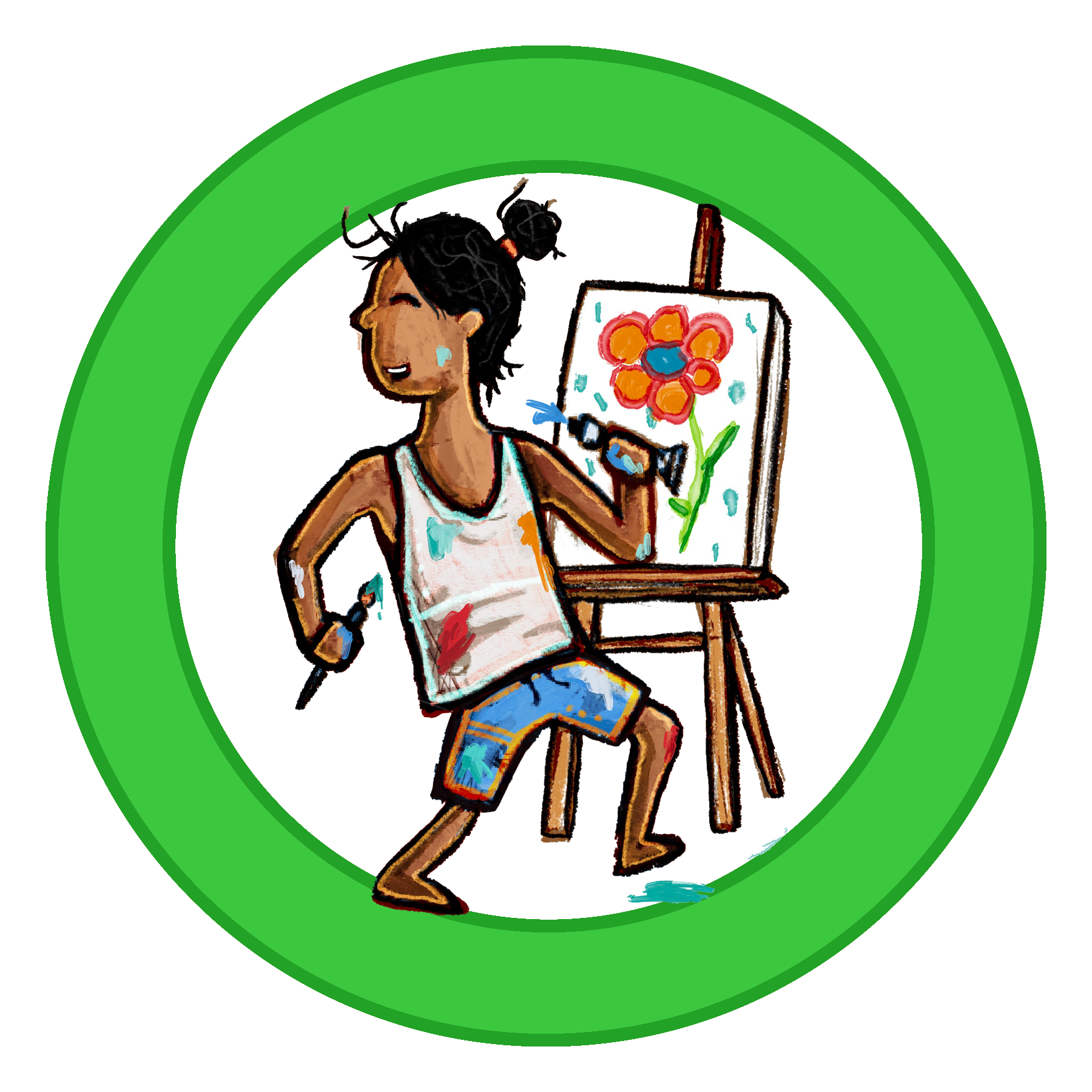 Illustration of a girl standing in front of a paint easel.