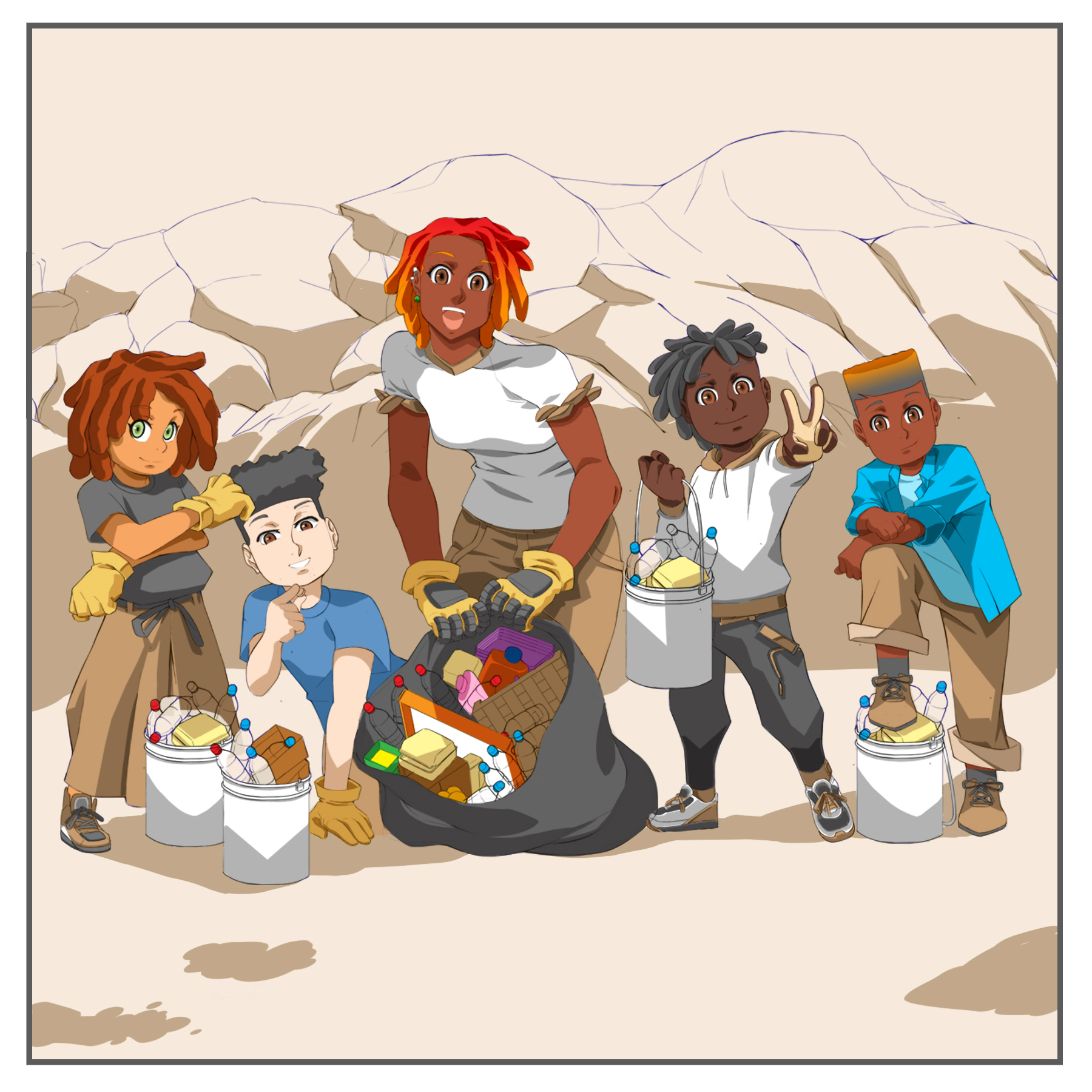 Illustration: A group of people are cleaning up a beach.