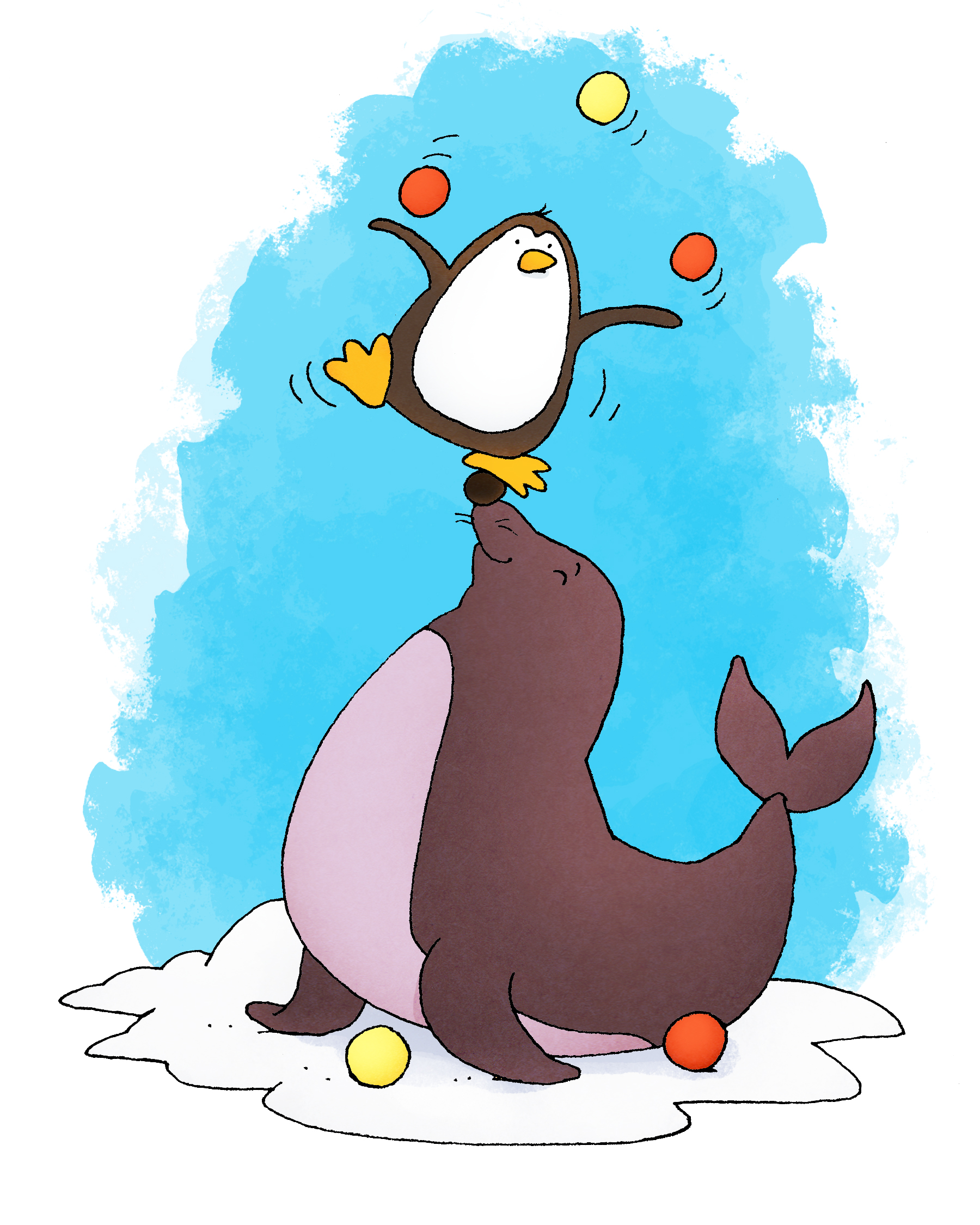 Illustration of a penguin juggling balls while balanced on the nose of a seal