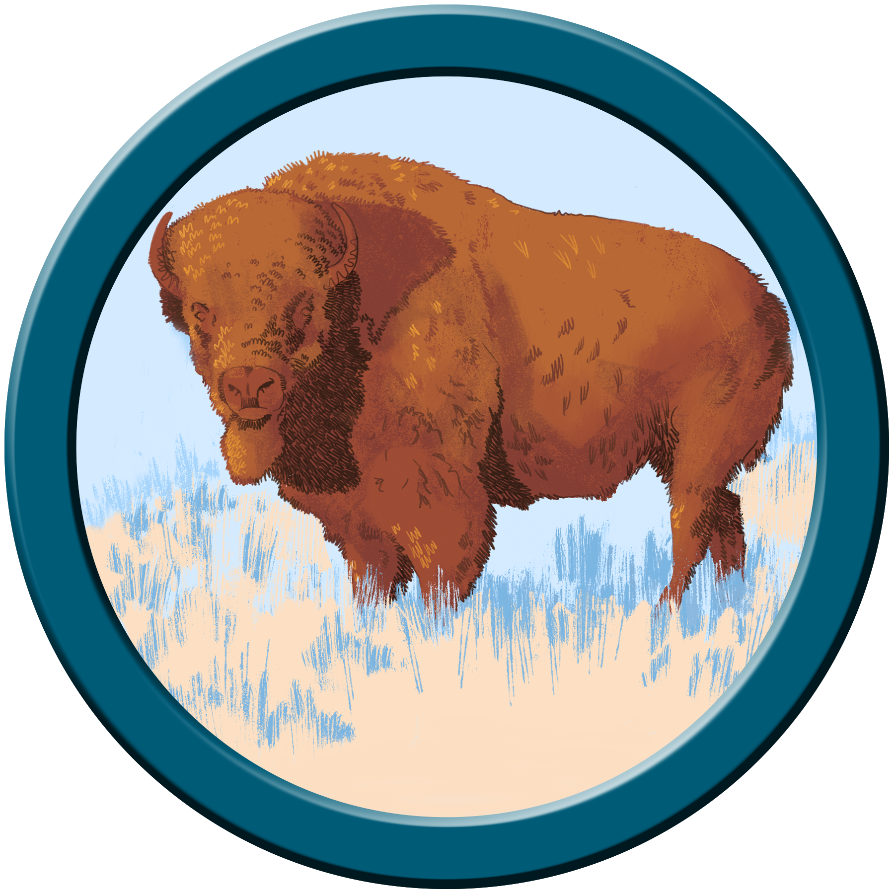 Illustration: a round merit badge of an American Bison.