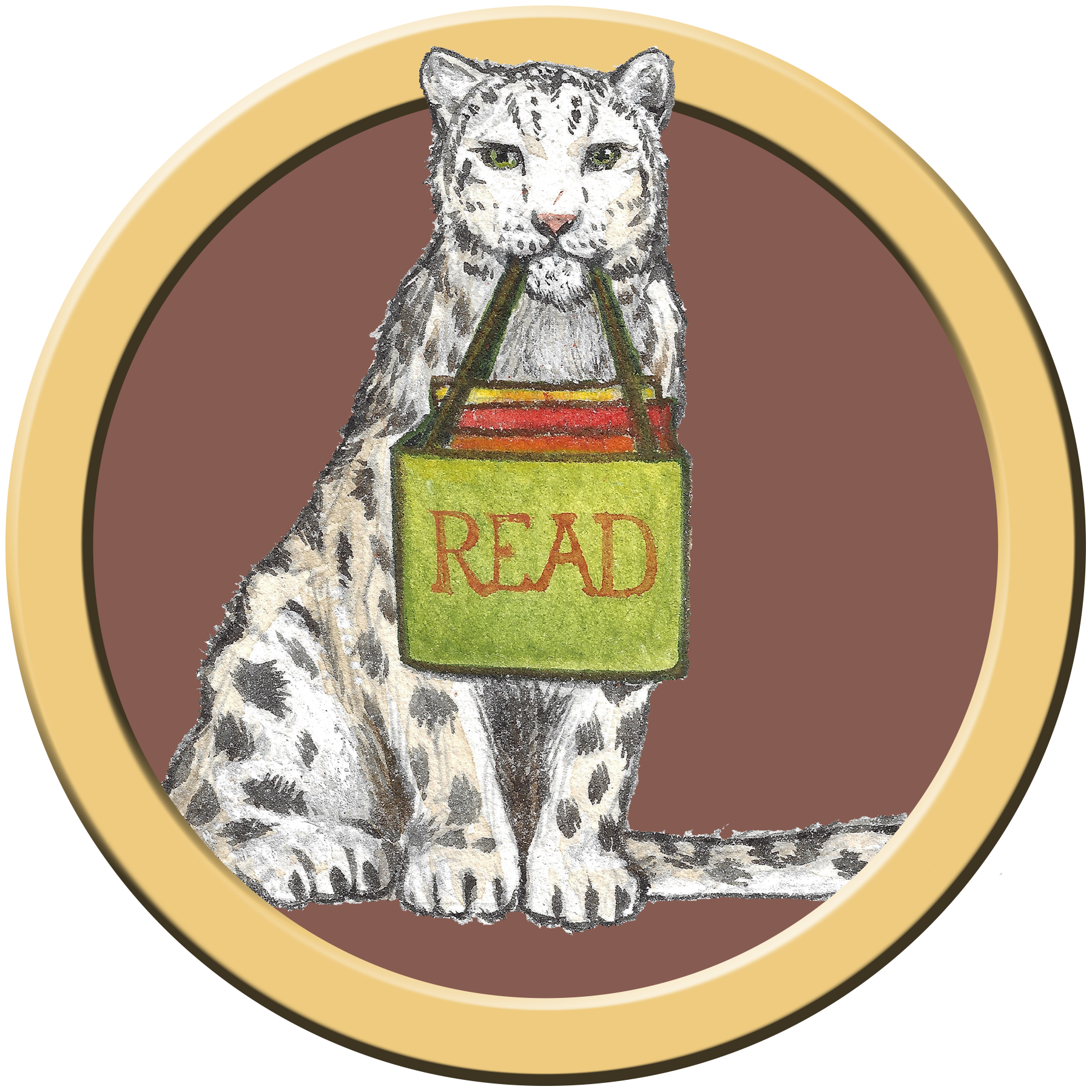 Illustration: a snow leopard with dark spots is holding the handles of a tote bag in his mouth.  The tote bag says "Read" on the side.