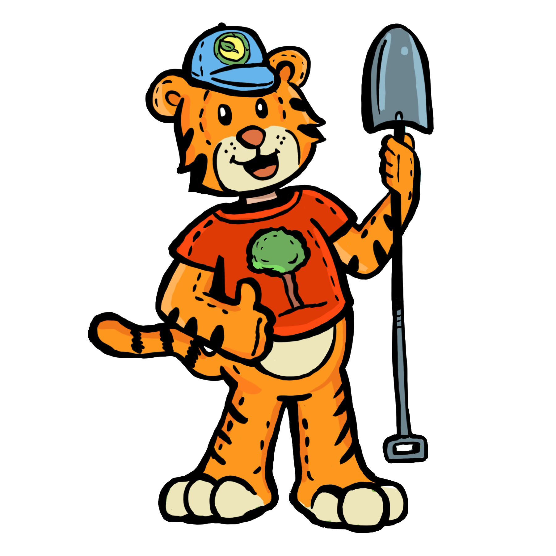 A cartoon tiger is standing on his hind legs.  He is wearing a t-shirt and a ball cap and holding a shovel.