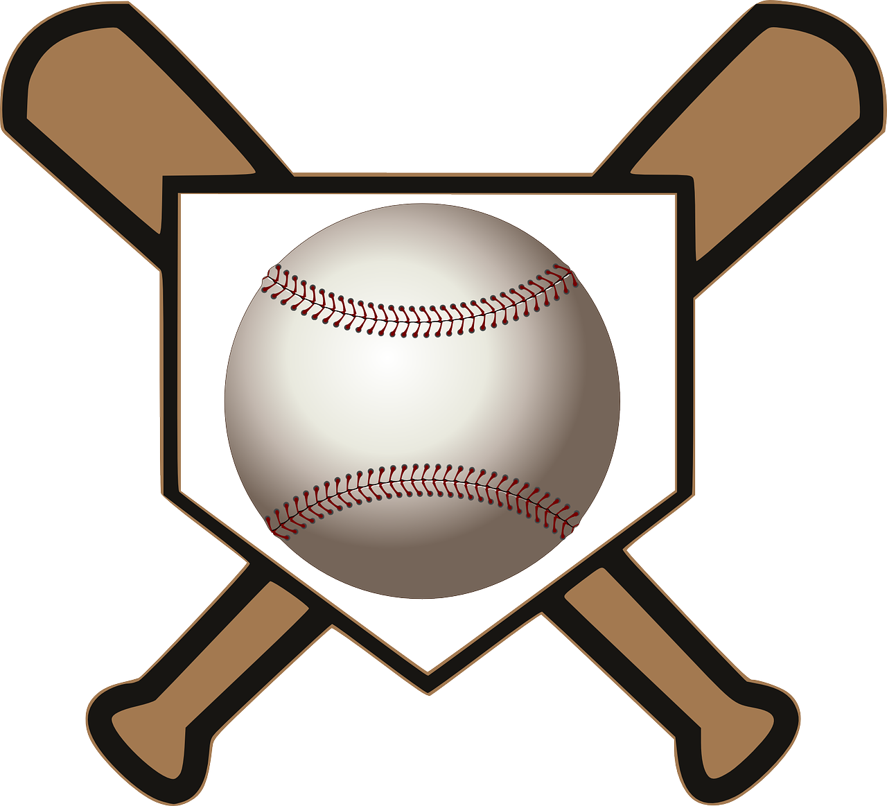 Two baseball bats form an "X" behind a vertical home plate base.  A baseball is centered in front of home plate.