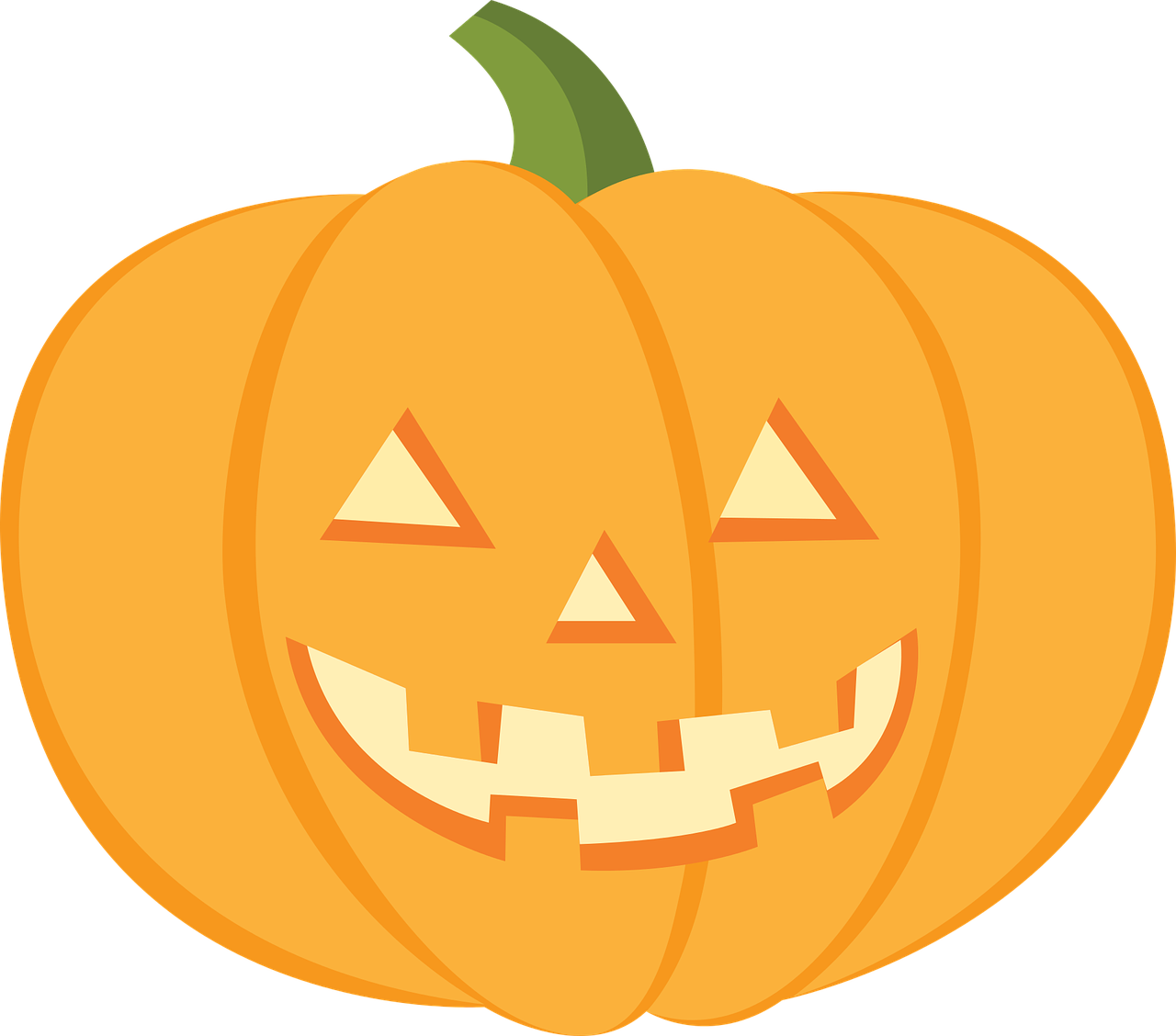 Cartoon illustration of a smiling carved jack-o-lantern.