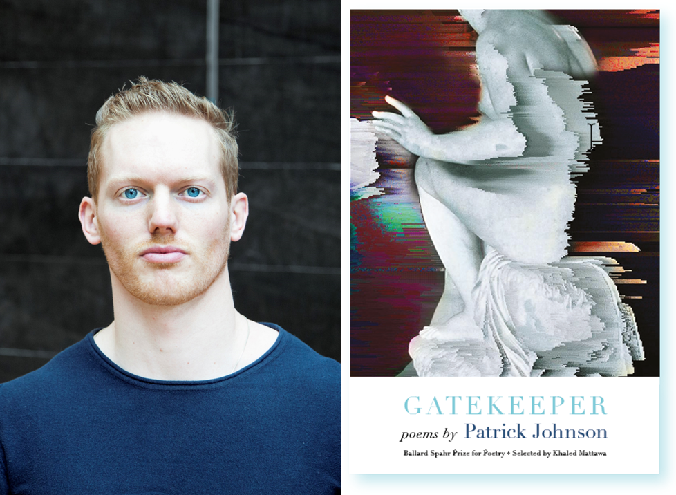 A man with short blonde hair and blue eyes and the book cover image for "Gatekeeper" by Patrick Johnson