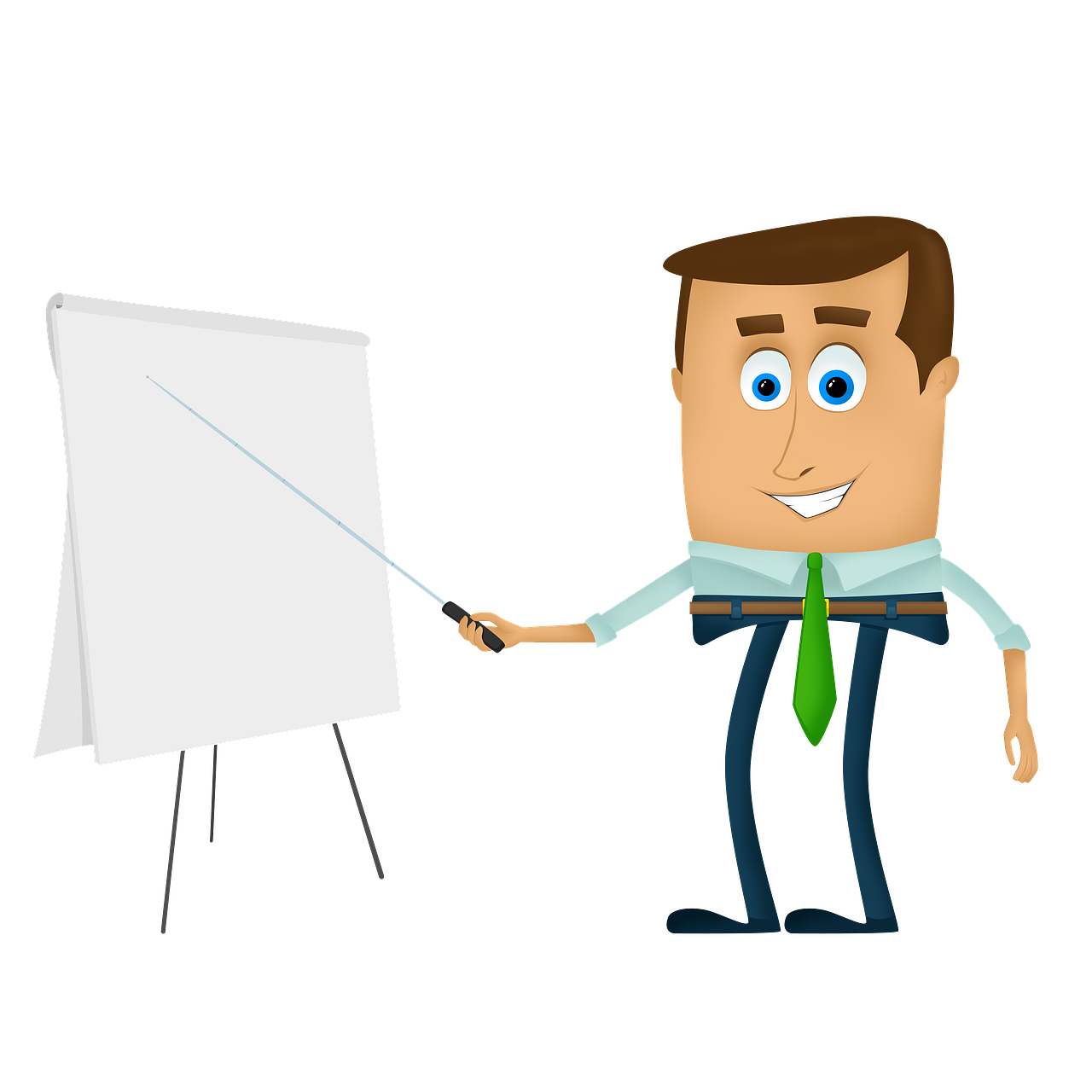A cartoon of a man with a pointer standing in front of an easel.