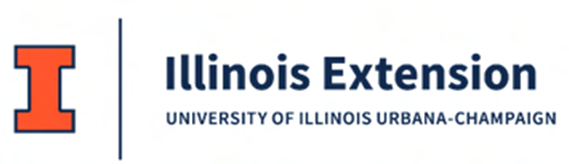 An orange capital letter "I" with a dark blue border.  Text: Illinois Extension