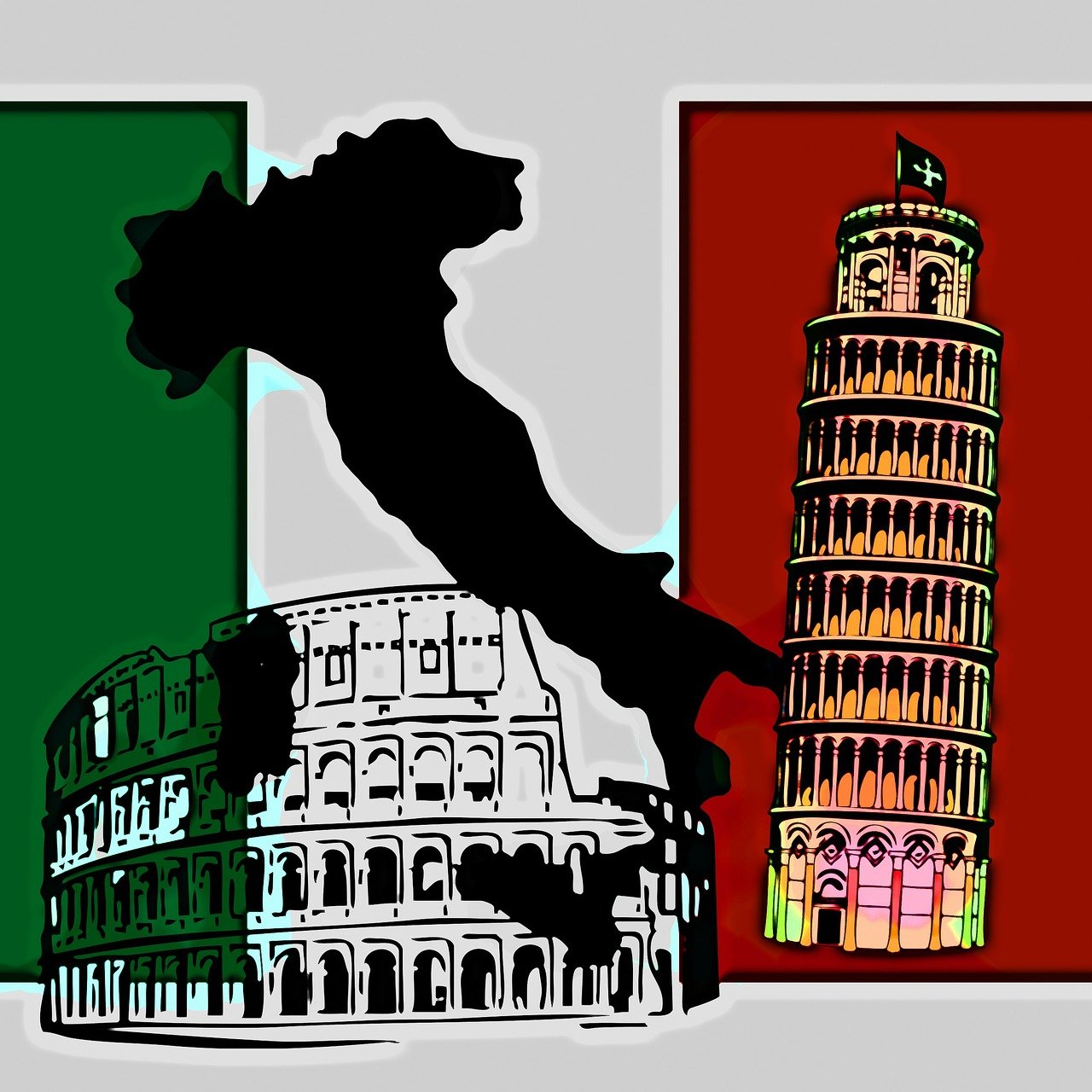 Sketches of the Roman Colosseum and the Leaning Tower of Pisa are in front of a silhouette of Italy.  In the background is a large green, white, and red Italian flag.