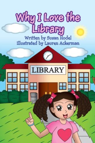 Cartoon image of a young girl with pigtails standing in front of a large library with a clock tower above the door.