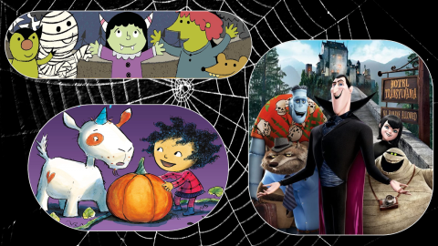 A collage of Halloween images superimposed over a shiny spiderweb on a black background.  There is a hand-drawn image of children in Halloween costumes, a second hand-drawn image of a unicorn and a little girl standing next to a pumpkin, and a computer-animated image from the cover of the movie "Hotel Transylvania" with Frankenstein, a vampire, and others standing in front of the entrance to a gothic castle.