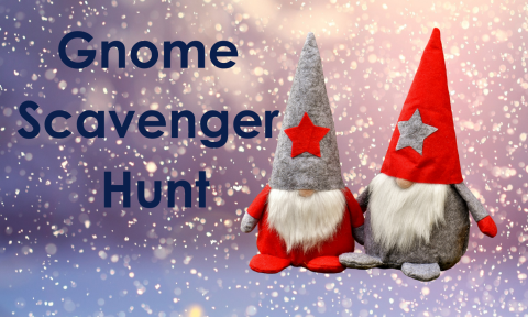 Gnome Scavenger Hunt; two felt gnomes with a snowy background