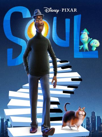 Cartoon image of black man wearing a hat and glasses walking alongside a cat on sidewalk made of piano keys.