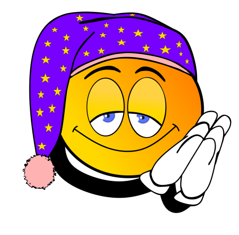 A droopy-eyed emoji face wearing a purple sleeping cap with folded hand tucked under one cheek.