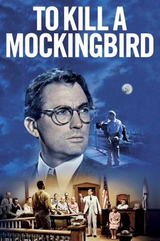 A collage of images from the movie To Kill a Mockingbird, including a close-up of Gregory Peck wearing glasses, a man carrying someone across a bridge in the moonlight, and a group of people in a courtroom during a trial.