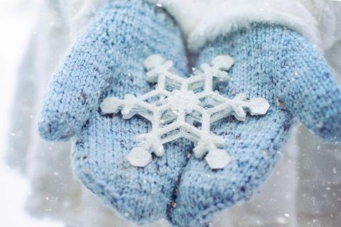 Two hands wearing blue knitted mittens.  The hands are side-by-side with pinkies together and thumbs out.  A large, delicate snowflake, approximately four inches in diameter, is balanced across the palms of the hands.