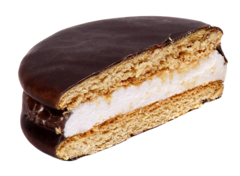 Half of a chocolate Moon Pie.  A chocolate-covered pastry with marshmallow cream sandwiched between two layers of cake.