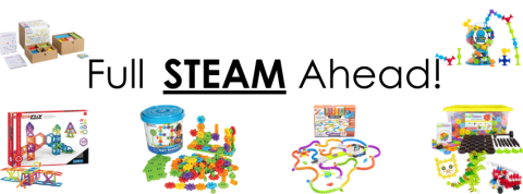 Text: Full STEAM Ahead! Text is surrounded by six separate images of STEAM kits for children.