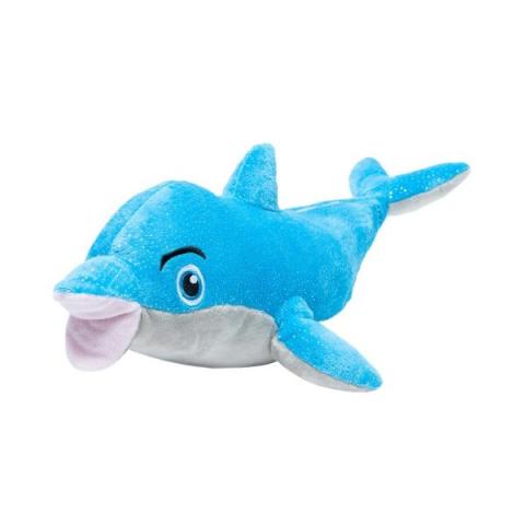 A plush light blue dolphin toy.
