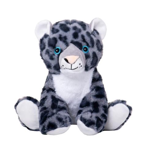 A grey and black plush leopard toy.