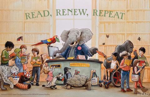 Text: Read, Renew, Repeat. Image: A library circulation desk. The librarian is an elephant wearing a gray button-down shirt, a blue cardigan, and a button that says "Freedom to Read." Library patrons surround the desk, carrying one or more books.  Patrons are both human and animal. Some are reading books, some are returning books, while others wait to check out.  Several animals carry tote bags by gripping the handles in their mouths. 