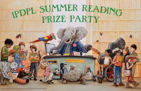 An elephant is at the library circulation desk, checking out books to a variety of animal and human library patrons.  Text: IPDPL Summer Reading Prize Party