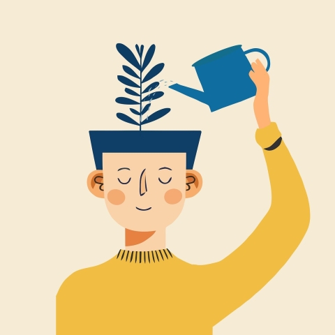 AI-generated cartoon illustration of a person of non-descript gender.  The top of the person's head is formed into a garden pot with a plant growing out of the pot.  The person is reaching up with their left hand to carefully water the plant.  The image is designed to imply self-care.