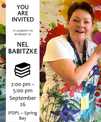 Text: You are invited to celebrate the retirement of Nel Babitzke; 2:00 pm - 5:00 pm September 26, IPDPL - Spring Bay.  Background image: A woman with short hair standing in front of a splattered-paint backdrop is smiling broadly.