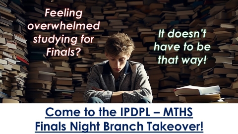 A dejected teen is sitting, surrounded by stacks of books, with his head hung down.