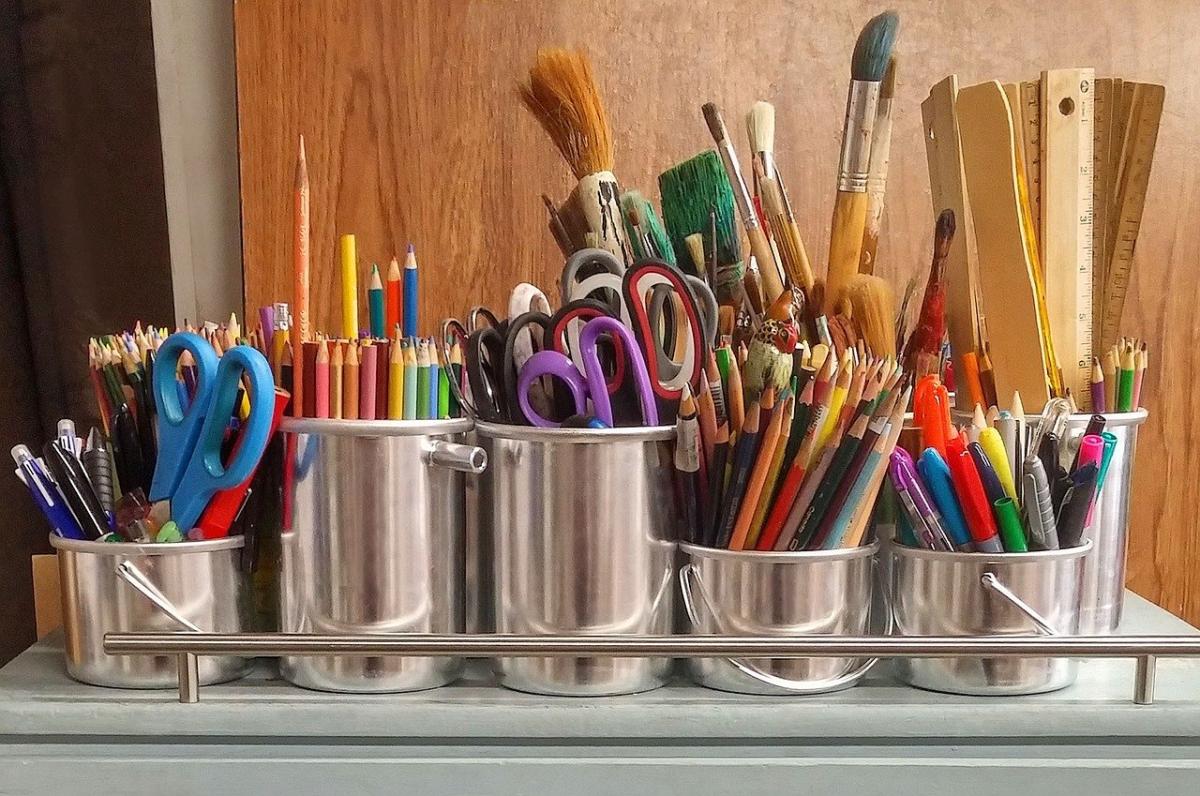 An assortment of art supplies and tools.