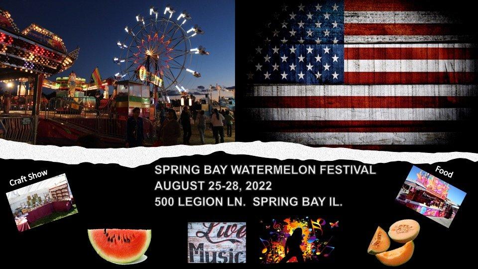 A collage of images including carnival rides, an American flag, a craft display, food vendor carts, and slices of watermelon and cantaloupe.