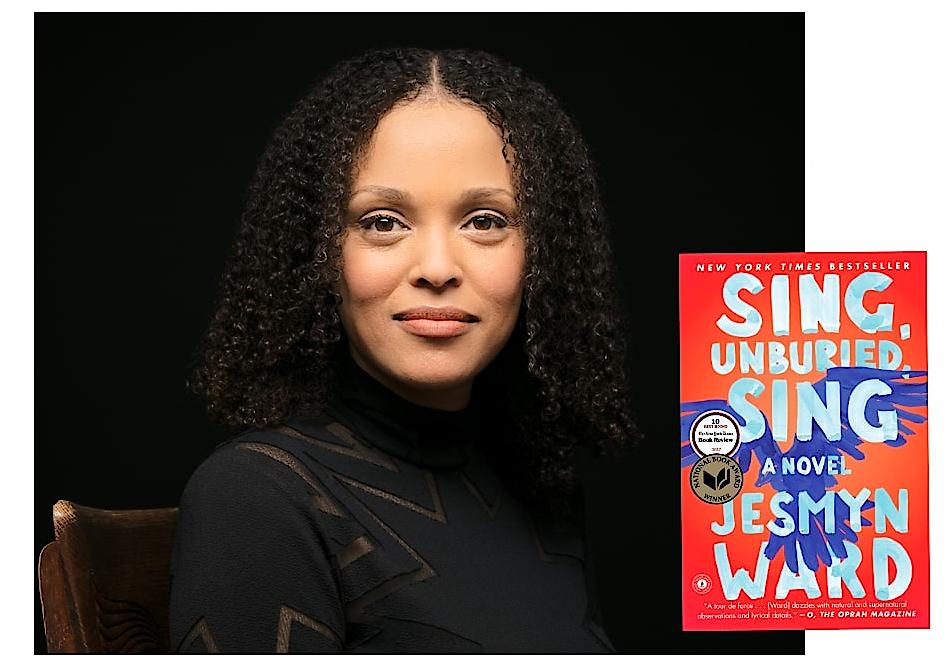 A young African-American woman and an image of her latest novel, Sing, Unburied, Sing