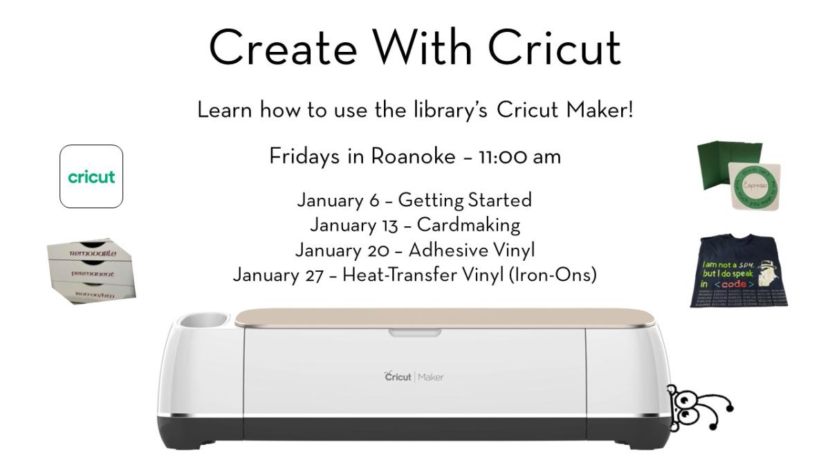 A Cricut cutting machine and text detailing the various classes and dates