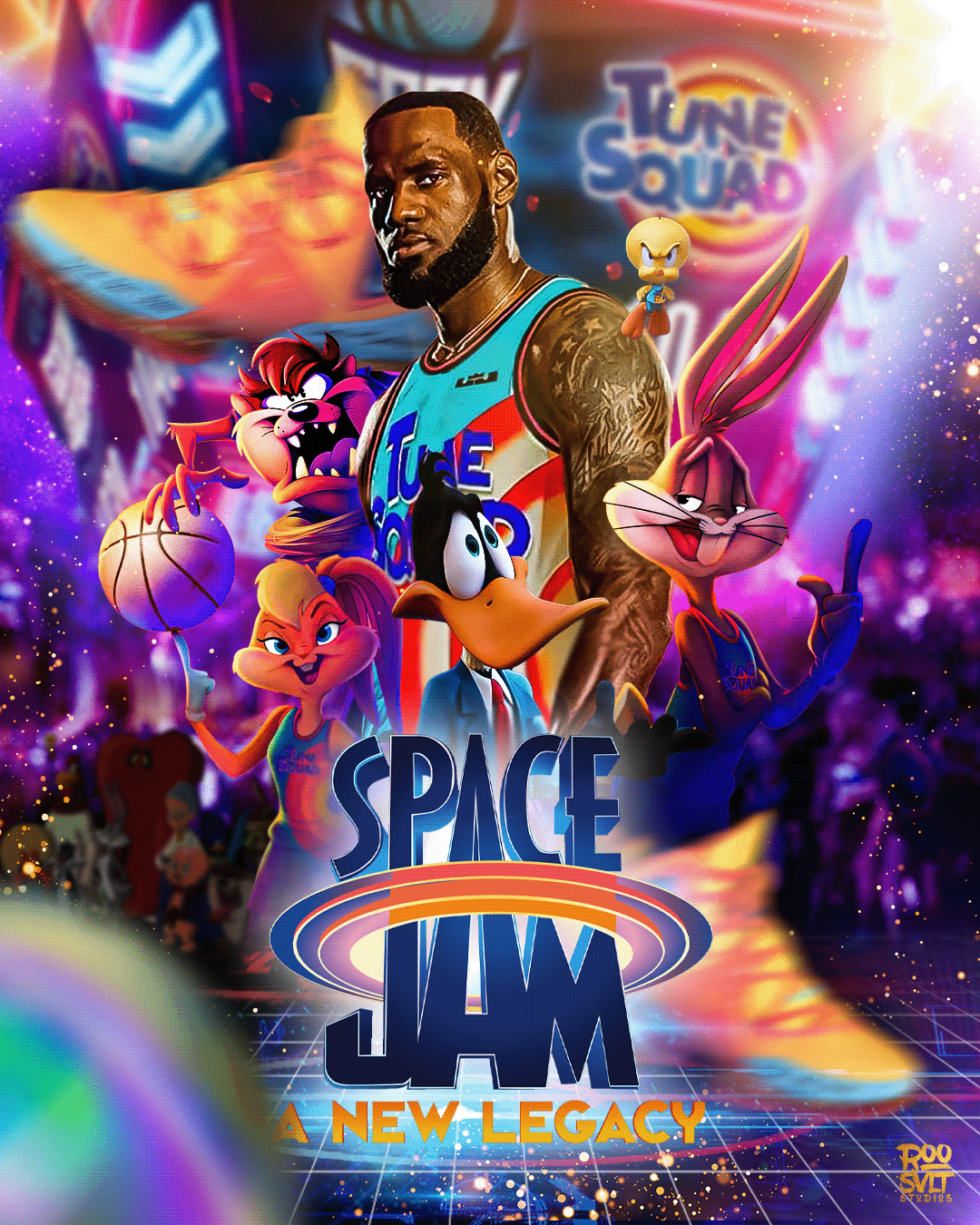 Brightly colored poster featuring LeBron James and the Looney Tunes cartoon characters.