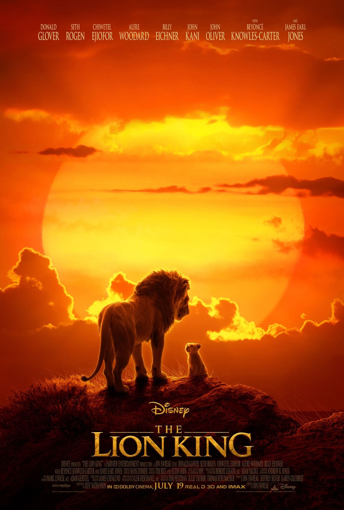 A male lion and a lion cub standing at the top of a bluff, silhouetted against the setting sun.  Text: The Lion King