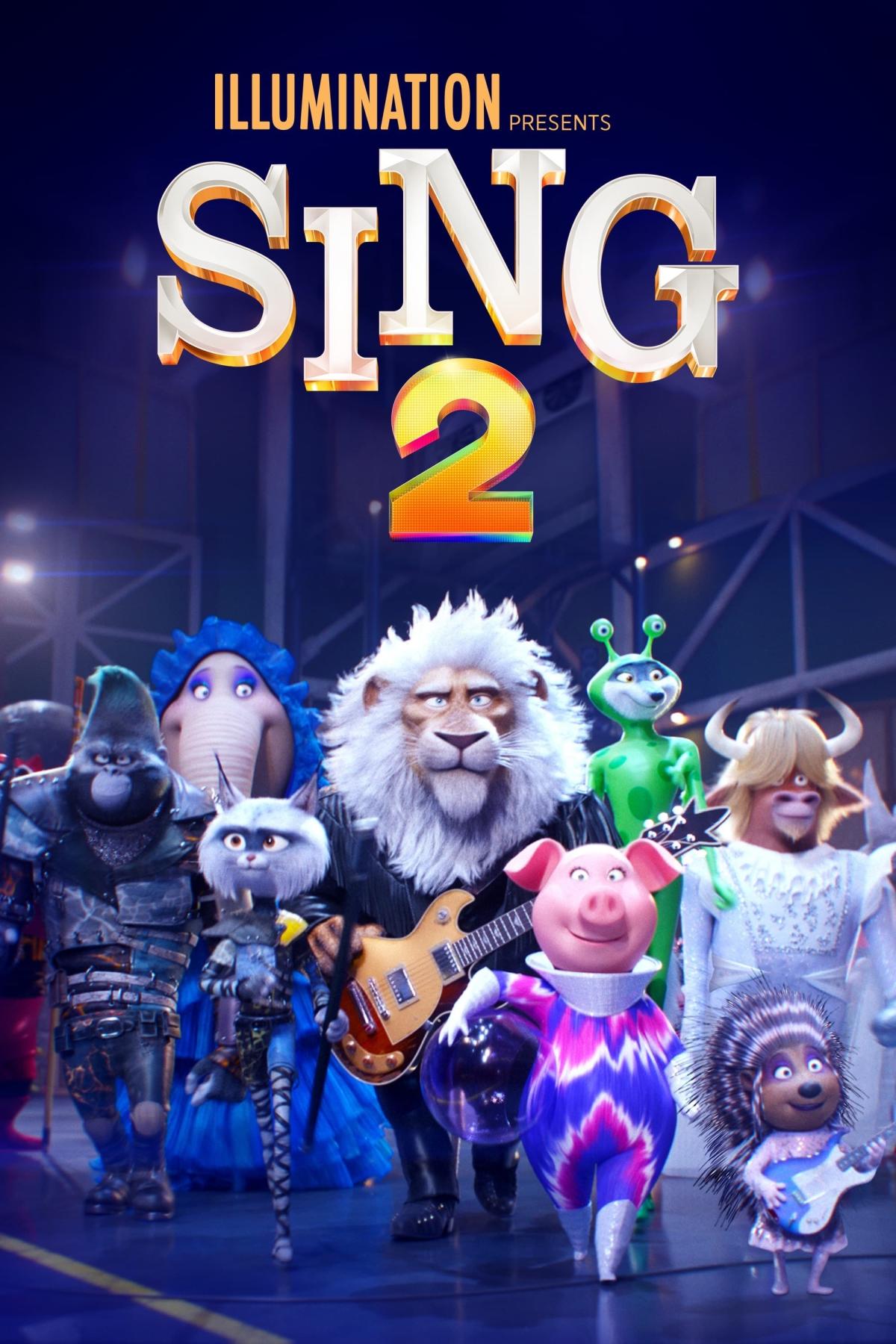 A group of anthropomorphic animals holding musical instruments are standing onstage in a spotlight.