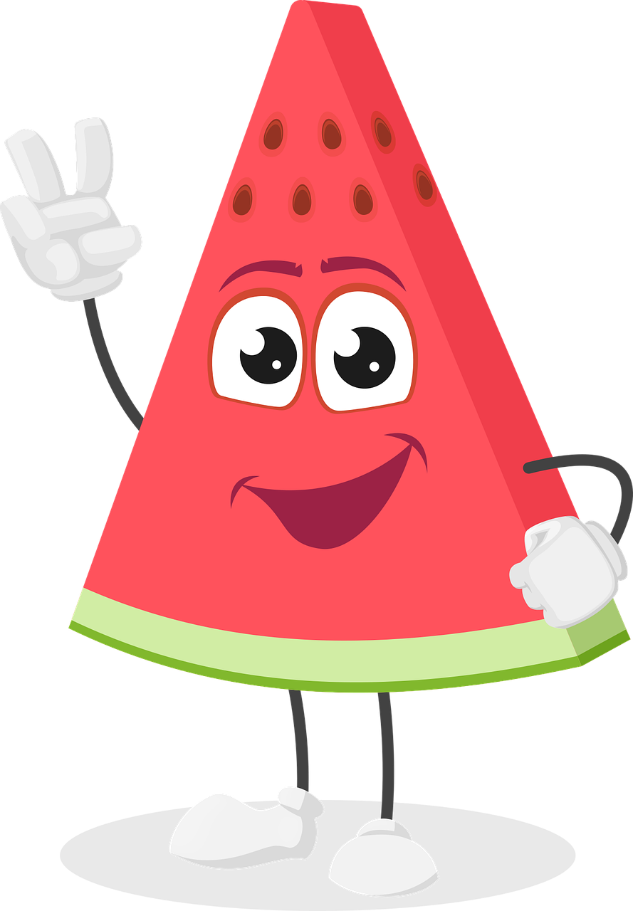 A cartoon image of a smiling slice of watermelon waving hello.