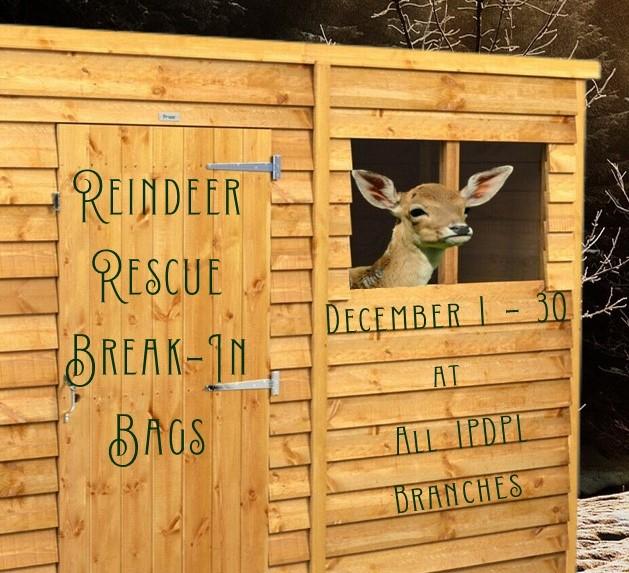 A reindeer is poking his head out the open window of a garden shed.