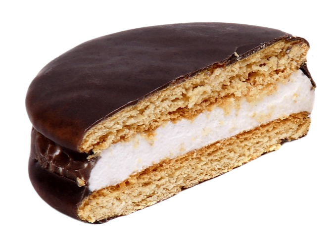 Half of a chocolate Moon Pie.  A chocolate-covered pastry with marshmallow cream sandwiched between two layers of cake.